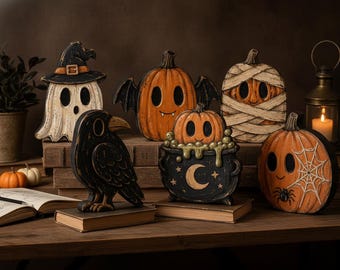 Rustic Halloween Wooden Decorations Set, Farmhouse Ghost Pumpkin Mummy Raven Cauldron Mantel Decor, Spooky Fall Home Gifts