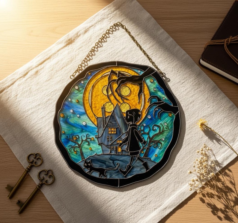 Puede incluir: Panel de vidriera redondo que representa una escena espeluznante con una casa, una figura y un gato bajo la luna llena. La obra de arte utiliza tonos de azul, amarillo y negro, con una cadena decorativa para colgar. Se ven dos llaves antiguas.