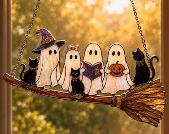 Halloween Spooky Ghost & Black Cat Broom Suncatcher | Faux Stained Glass Window Hanging Decor | Witchy Home Accent