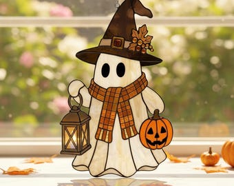 Halloween Ghost Suncatcher With Witch Hat & Pumpkin | Faux Stained Glass Window Hanging | Spooky Autumn Decor | Unique Fall Gift