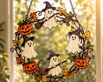 Halloween Ghost & Pumpkin Suncatcher Wreath, Faux Stained Glass Window Hanging Decor, Spooky Autumn Fall Home Art Gift
