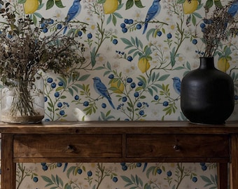 Sweet Blue  Birds in Lemon Trees Concept Wallpaper - Special Design Wall Mural
