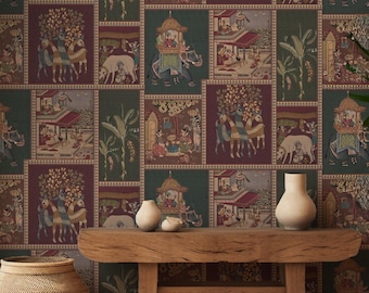 Colección temática de figuras indias con efecto burdeos, arte antiguo, papel pintado especial