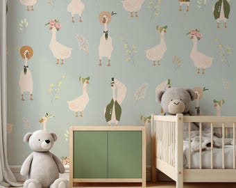 Soft Baby Blue Color Concept Duck Pattern Abstract Wallpaper For Nursery Art Deco