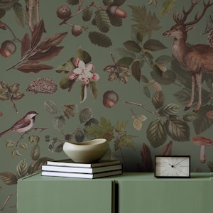 Deer in The Forest Pattern With Green Background Theme Wallpaper For Art Home Decor - Botanical and Imagine Concept 3D Dream Wall Mural - Removable and Customizable Wallpaper