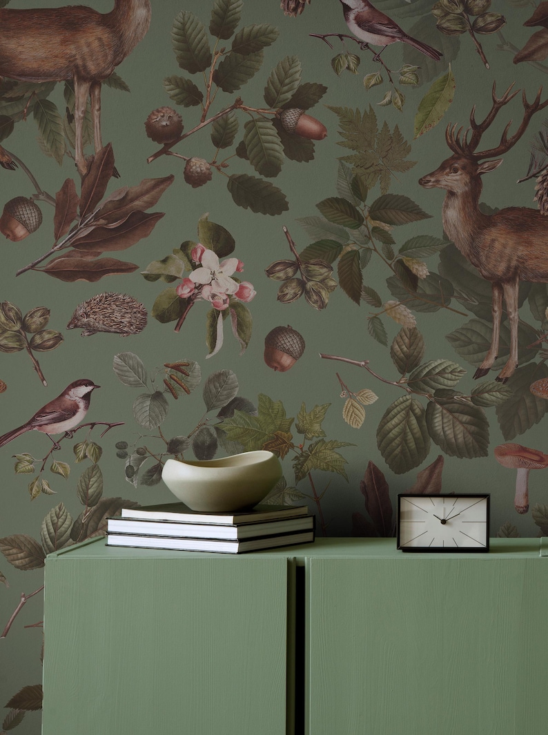Deer in The Forest Pattern With Green Background Theme Wallpaper For Art Home Decor - Botanical and Imagine Concept 3D Dream Wall Mural - Removable and Customizable Wallpaper