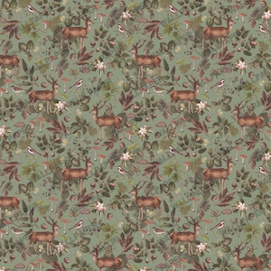 Deer in The Forest Pattern With Green Background Theme Wallpaper For Art Home Decor - Botanical and Imagine Concept 3D Dream Wall Mural - Removable and Customizable Wallpaper
