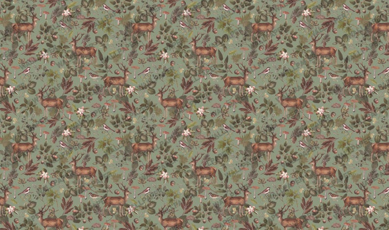 Deer in The Forest Pattern With Green Background Theme Wallpaper For Art Home Decor - Botanical and Imagine Concept 3D Dream Wall Mural - Removable and Customizable Wallpaper