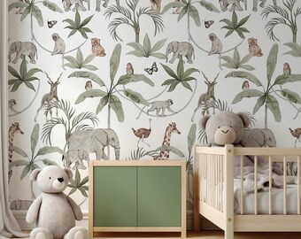 Tropisches, Konzept, Und, Tiere, Muster, Dschungel, Begriff, Mit, Grüntöne, 3D, Kinderzimmer, Tapete