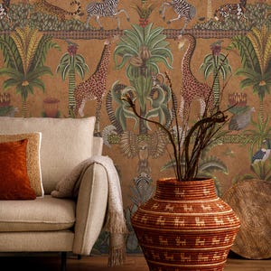 May include: An interior scene with a woven vase, a beige sofa, and a striped rug. The vase is brown and tan with a patterned design. The background is a wallpaper with a jungle theme, featuring giraffes, zebras, and palm trees. The scene evokes a sense of the exotic.