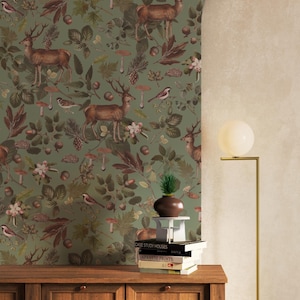 Deer in The Forest Pattern With Green Background Theme Wallpaper For Art Home Decor - Botanical and Imagine Concept 3D Dream Wall Mural - Removable and Customizable Wallpaper