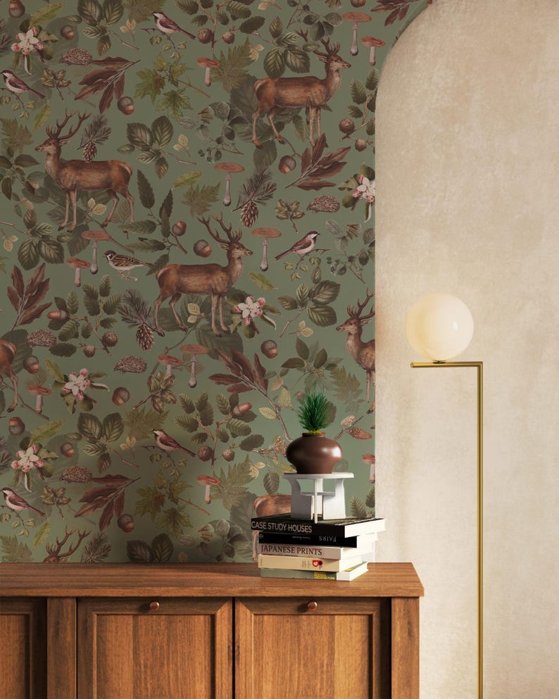 Deer in The Forest Pattern With Green Background Theme Wallpaper For Art Home Decor - Botanical and Imagine Concept 3D Dream Wall Mural - Removable and Customizable Wallpaper