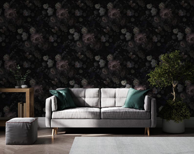 Dark Big Roses Themed Wallpaper Concept - 3D Floral Wall Mural - Etsy