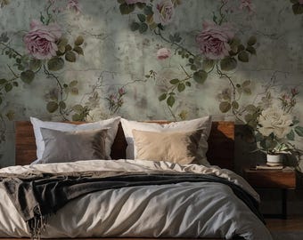 Beton Erscheinen mit Soft Blumen Konzept 3D Peel and Stick Wallpaper