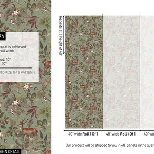 May include: Wallpaper with a repeating forest pattern featuring deer, birds, and foliage in shades of green, brown, and white. The design includes the text "SKU SH2494" and details about the pattern repeat, which is 40 inches horizontally and vertically.