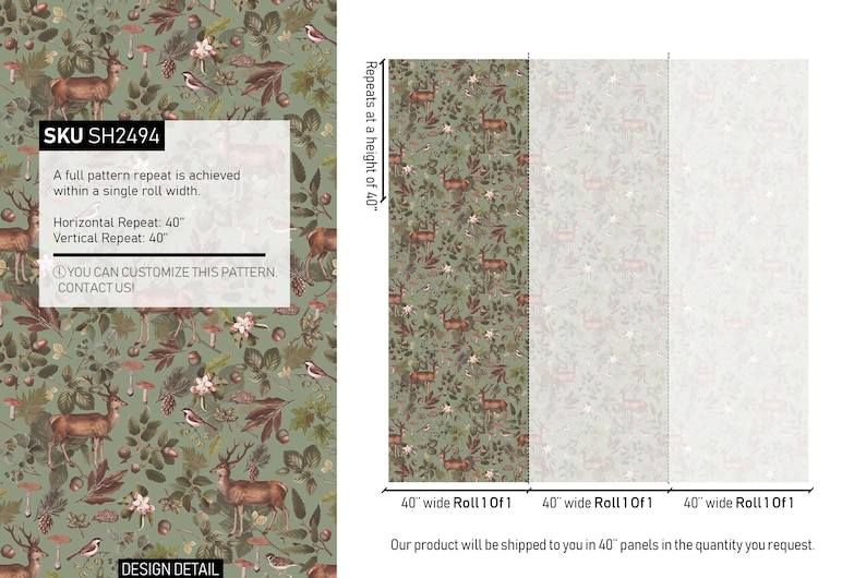 May include: Wallpaper with a repeating forest pattern featuring deer, birds, and foliage in shades of green, brown, and white. The design includes the text "SKU SH2494" and details about the pattern repeat, which is 40 inches horizontally and vertically.