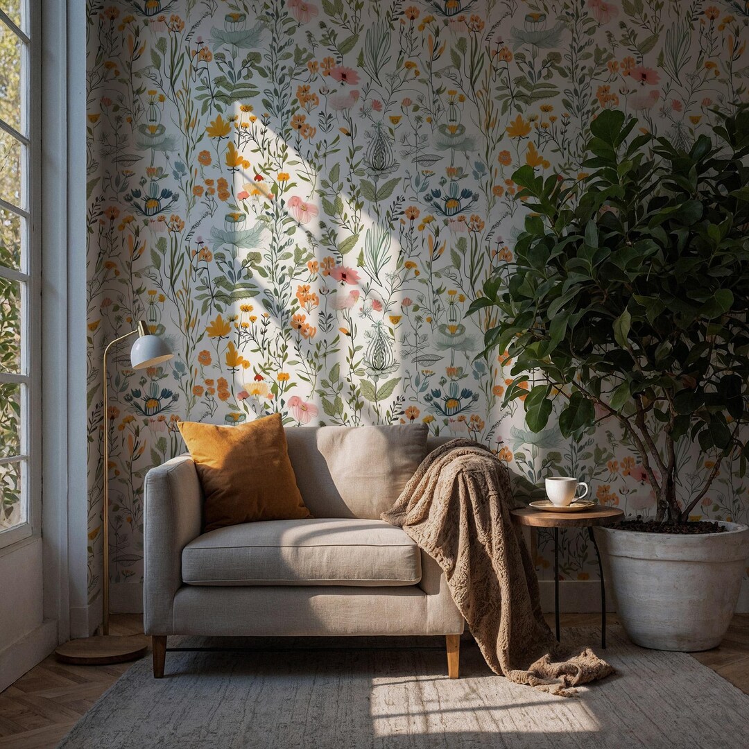 Colorful Botanical Concept Wallpaper - Flowers Garden Themed Wall Mural ...
