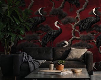 Burgunder Farbe mit japanischem Kranich Thema 3D Ethnic und Konzept Wallpaper