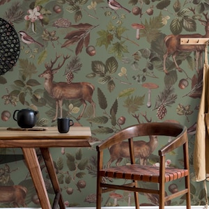 Deer in The Forest Pattern With Green Background Theme Wallpaper For Art Home Decor - Botanical and Imagine Concept 3D Dream Wall Mural - Removable and Customizable Wallpaper