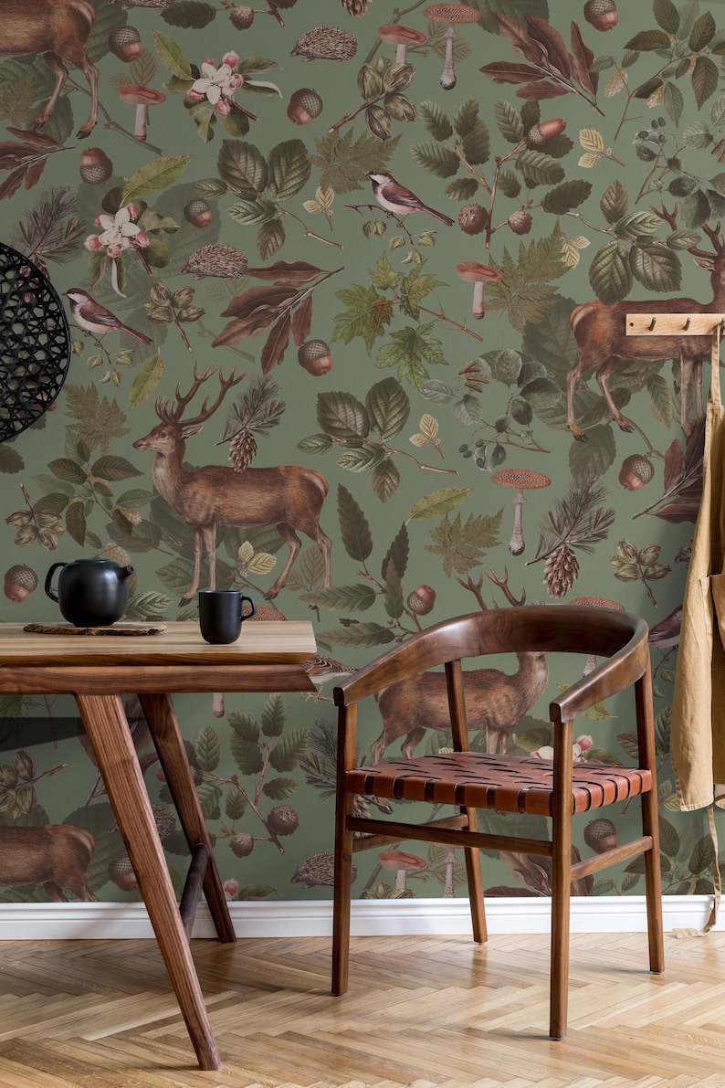 Deer in The Forest Pattern With Green Background Theme Wallpaper For Art Home Decor - Botanical and Imagine Concept 3D Dream Wall Mural - Removable and Customizable Wallpaper