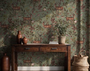 Papel tapiz con diseño de ciervos en el bosque y tema verde oscuro para decoración artística del hogar.