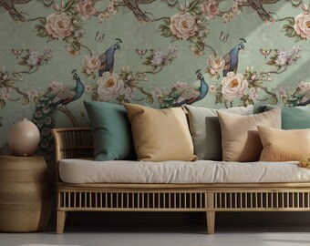 Hellblaue Pfau Abstrakte Blumen Tapete - Elegante Tapete mit Tropenmuster