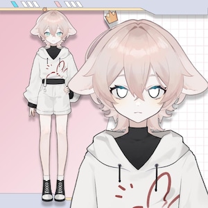 Puede incluir: Ilustración de un personaje con cabello rosa claro y orejas grandes, vistiendo una sudadera con capucha y pantalones cortos blancos. La sudadera tiene un cuello negro y un diseño gráfico. El personaje también lleva botas negras.