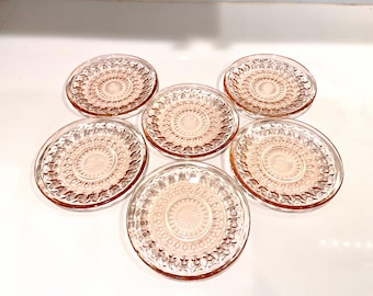 Set of 6 1940’s Jeannette Glass Pink Depression Plates – Holiday “Buttons and Bows” Pattern | Vintage Dessert or Bread Plates