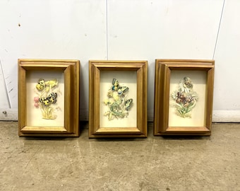 Vintage 3D Paper Tole Butterfly Art Set of 3 – Framed Gold Shadow Box Botanical Wall Decor – 1970s Dimensional Decoupage