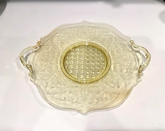 Vintage Lancaster Cane Landrum Topaz Depression Glass Platter with handles