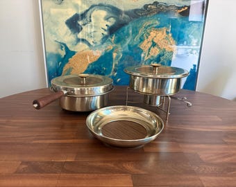Vintage Dura Brass Mid-Century Buffet Serving Set – Chafing Dish, Saucepan & Serving Bowl