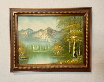 Original vintage oil painting Mountainscape Serene Lake