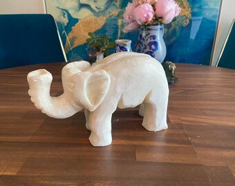 Vintage Hand-Carved Alabaster Elephant Figurine- Large