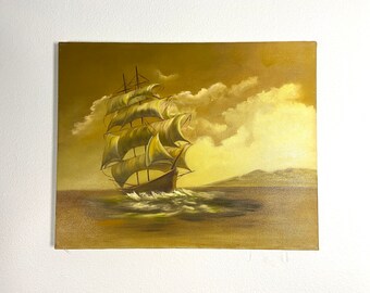 Mid 20th Century Seascape with Clippership Oil Painting