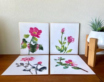 Vintage Japanese Chigiri-e Art – Set of 4 Pink Botanical Panels – Hand Torn Washi Paper – Gold Trimmed Boards