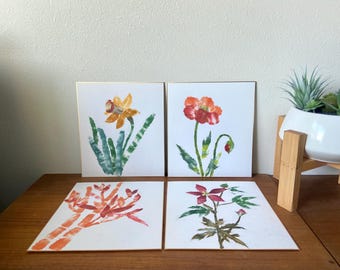 Vintage Japanese Chigiri-e Art Set of 4– Hand Torn Washi Paper Botanical Panels – Gold Trimmed - orange + pink– Mid Century Japan Wall Decor
