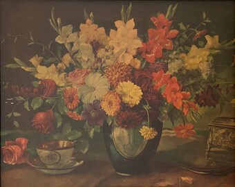 Digital download of a vintage Floral painting with a tea set, moody, flowers, vintage, Euro style