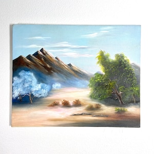 1980s California Boho Desert Mountain Landscape Oil Painting by JH Bicknell