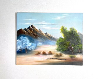 1980s California Boho Desert Mountain Landscape Oil Painting by JH Bicknell