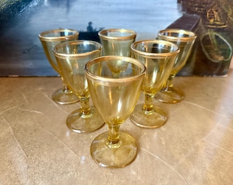 Vintage Amber Cordial Glasses with Gold Rim – Set of 6 – Mid Century Liqueur Stemware – Small Aperitif Glasses