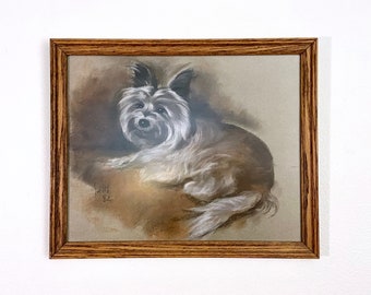 1980’s Vintage Original Pastel of a Yorkshire Terrier Dog Portrait Drawing, Framed