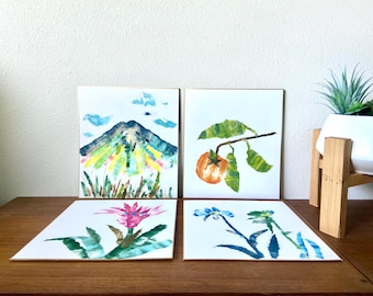 Vintage Japanese Chigiri-e Art Collection – Set of 4 Botanical Paper Collage Panels – Handmade Washi-Style Paper – Mid Century Wall Art