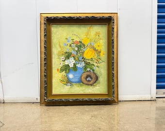 Original Oil Painting Floral Still Life with Bird Nest | Vintage Framed Art | Signed Oil on Canvas Cottage Garden Decor