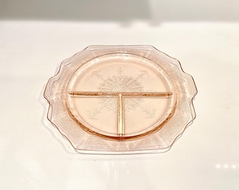 Anchor Hocking Princess Pink Depression Glass Divided Grill Plate | Vintage 3-Section Lunch Plate, 1930s