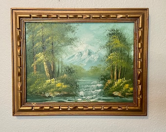 Original vintage oil painting Mountainscape stream through the woods