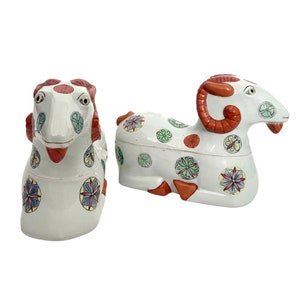 1930sEarly Mid-Century Porcelain Staffordshire Style Asian Ram Box Figurines - a Pair