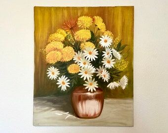 Large Vintage original floral still life oil painting - White Daisies & yellow mums by Jo Bicknell