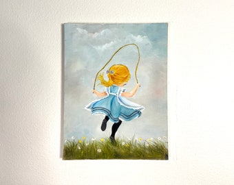 Vintage original oil painting on canvas Little Girl Skipping Rope in the Daisies