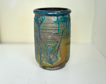 Raku-Style Handmade Pottery Vase - Iridescent Drip Glaze Ceramic, Artisan Studio Art