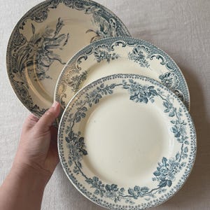 May include: Three round ceramic plates with cream-colored bases and dark blue transferware patterns. Each plate features a distinct floral or botanical design along the rim, with varying intricate details and decorative borders in blue ink.
